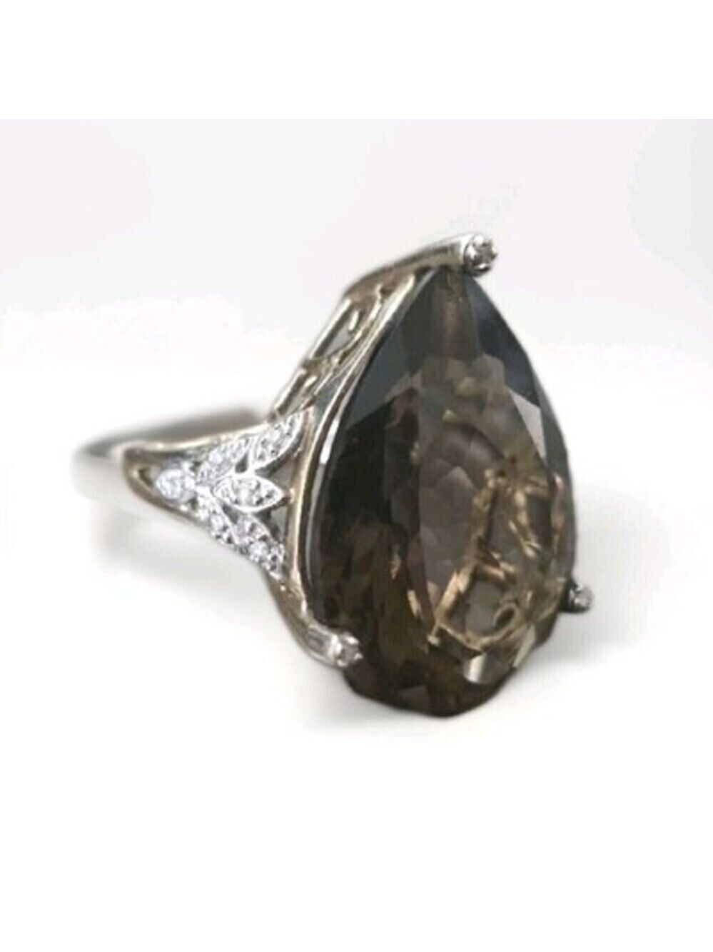 Large Smokey Quartz With Micro Diamond 10k Yellow Gold Cocktail Ring Vintage